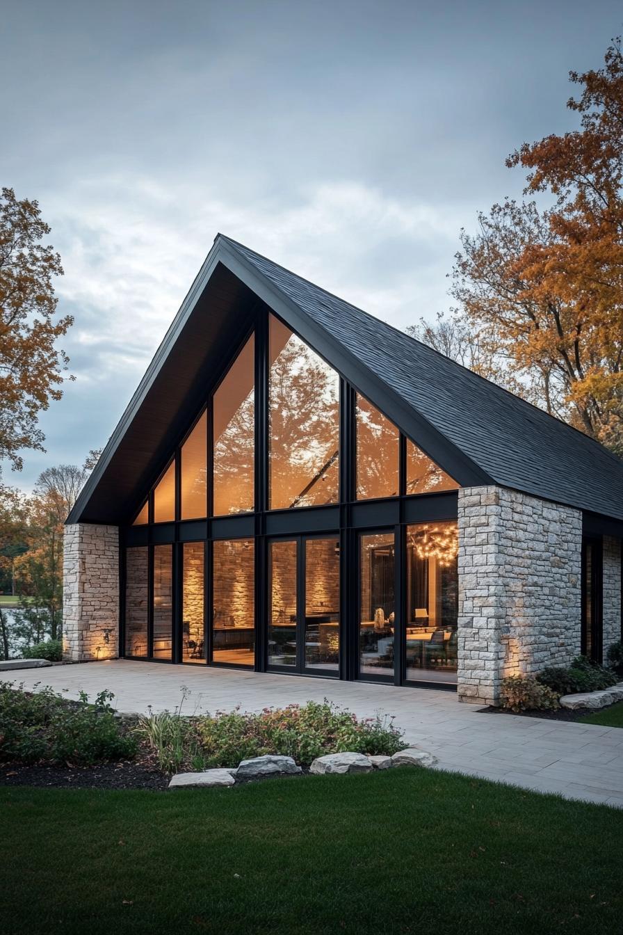 Stone cottage with large glass façade and lush surroundings