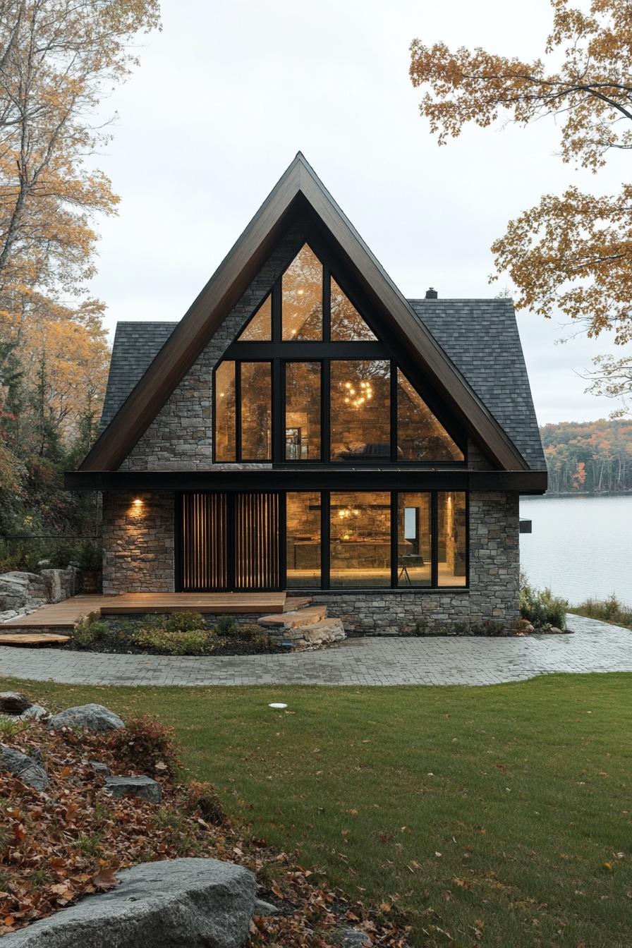 Stone cottage with triangular design and glass facade