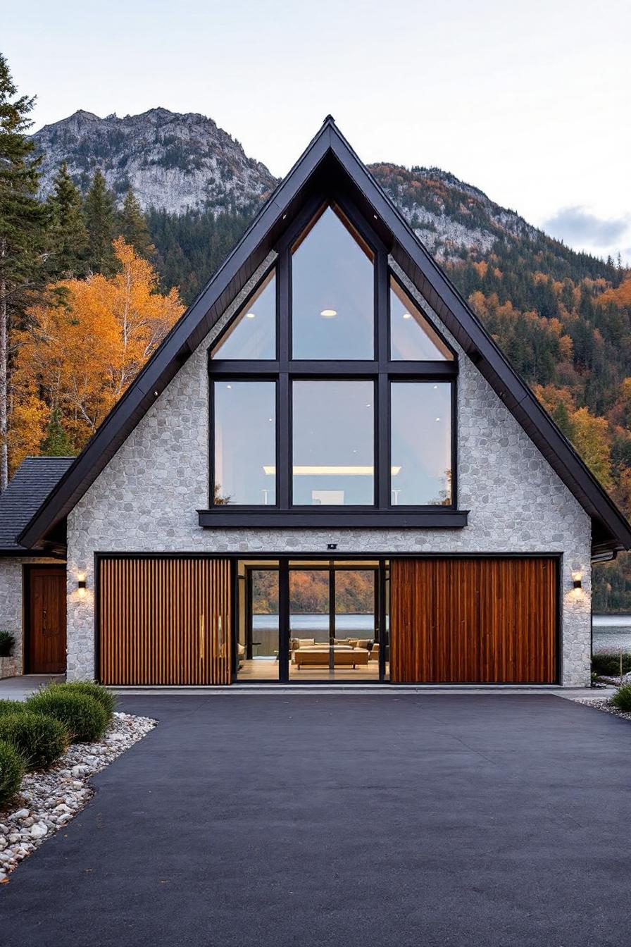 Stone cottage with large glass windows and wooden accents