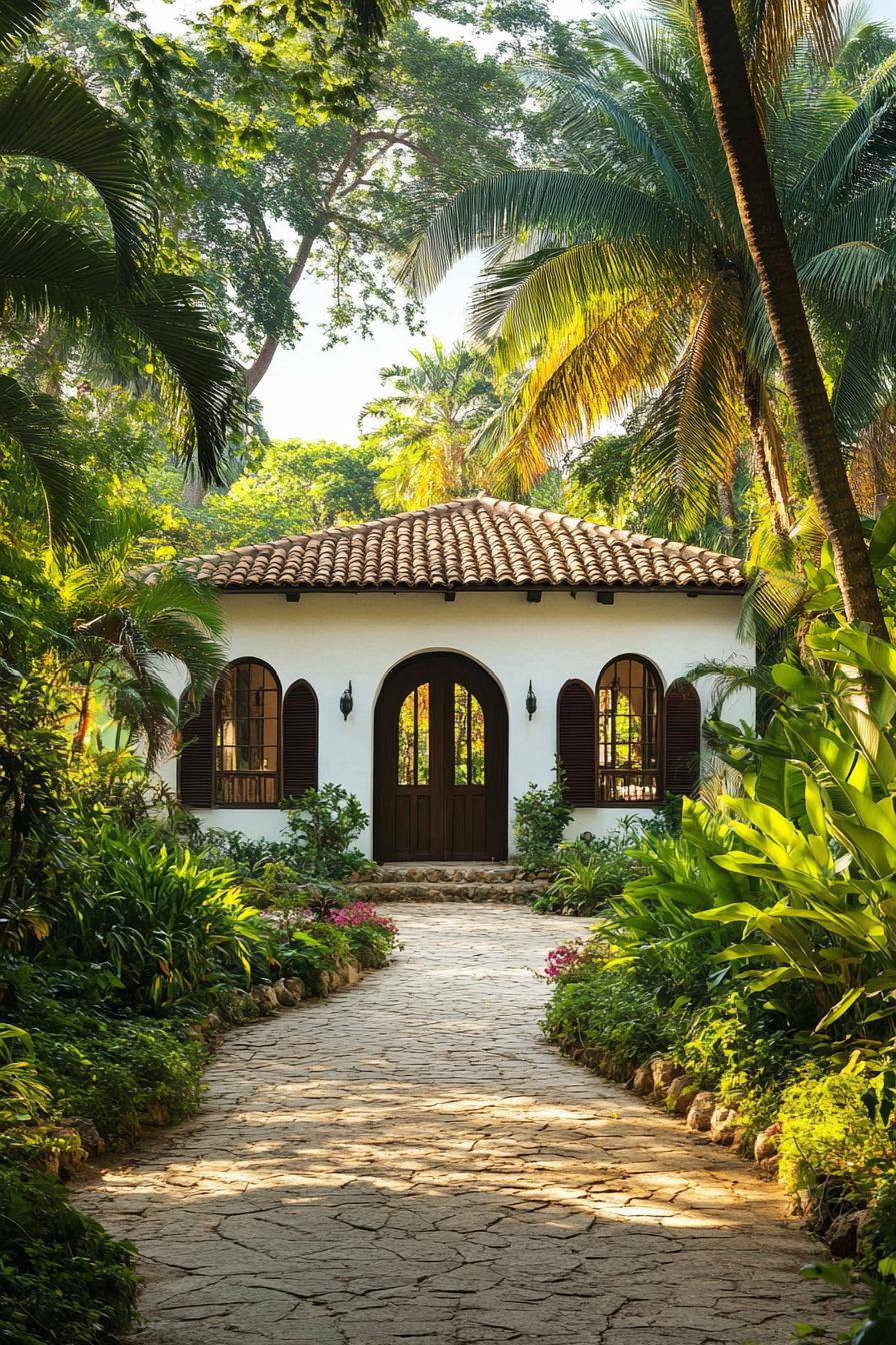 Charming tropical house with lush foliage