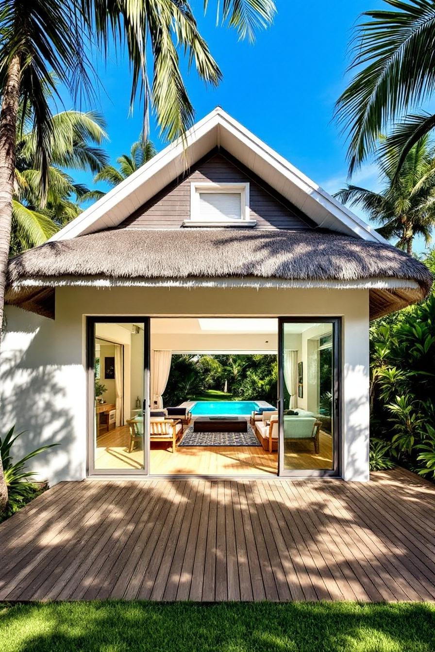 Cozy cottage with thatched roof and pool view