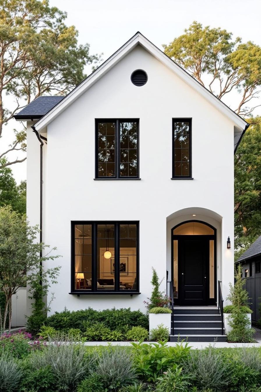 Sleek white house with black trim and lush garden