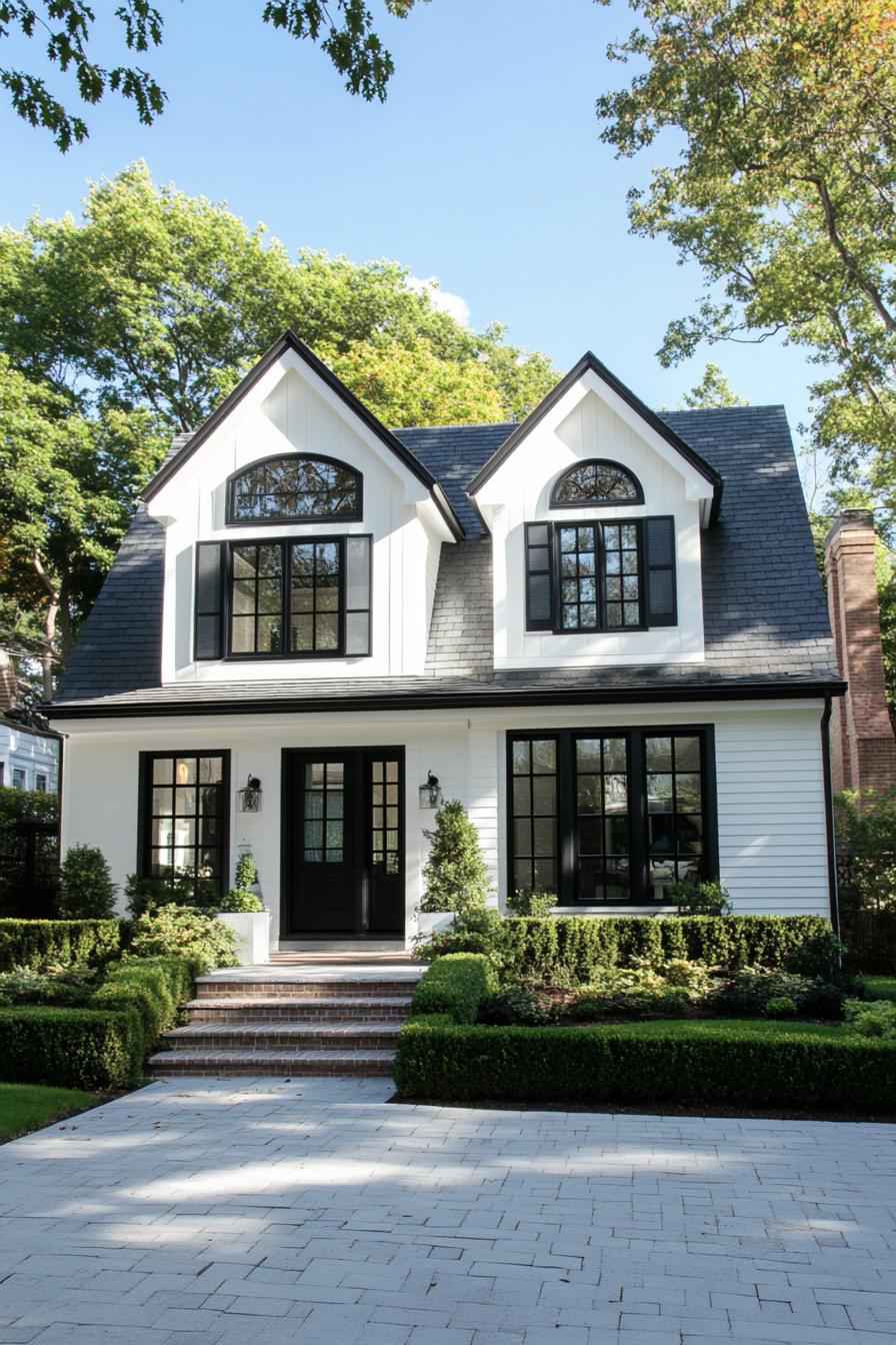 White house with black trim surrounded by greenery