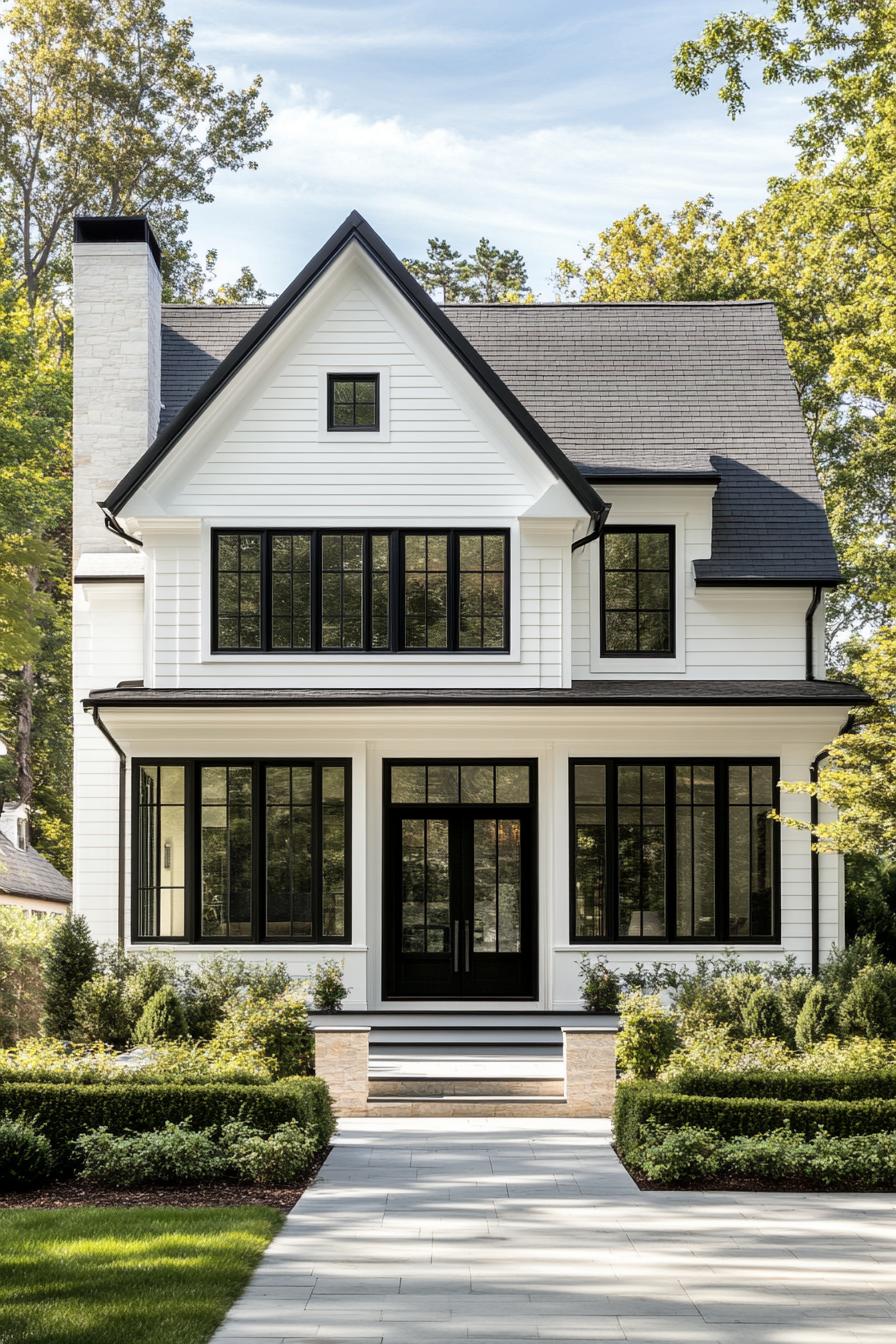 Modern white house with black details and lush greenery