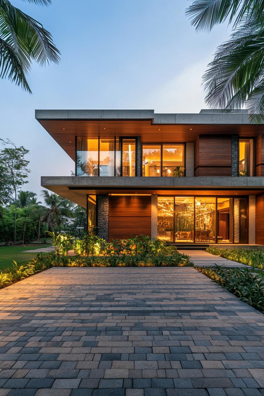 Modern Kerala home surrounded by lush greenery