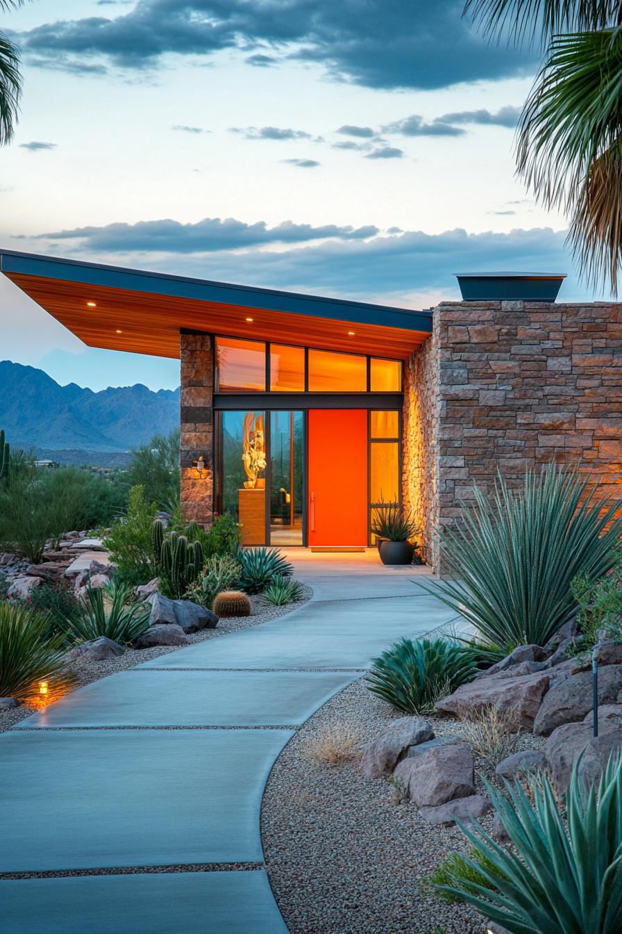 Vibrant orange door of a mid-century modern house with stone walls