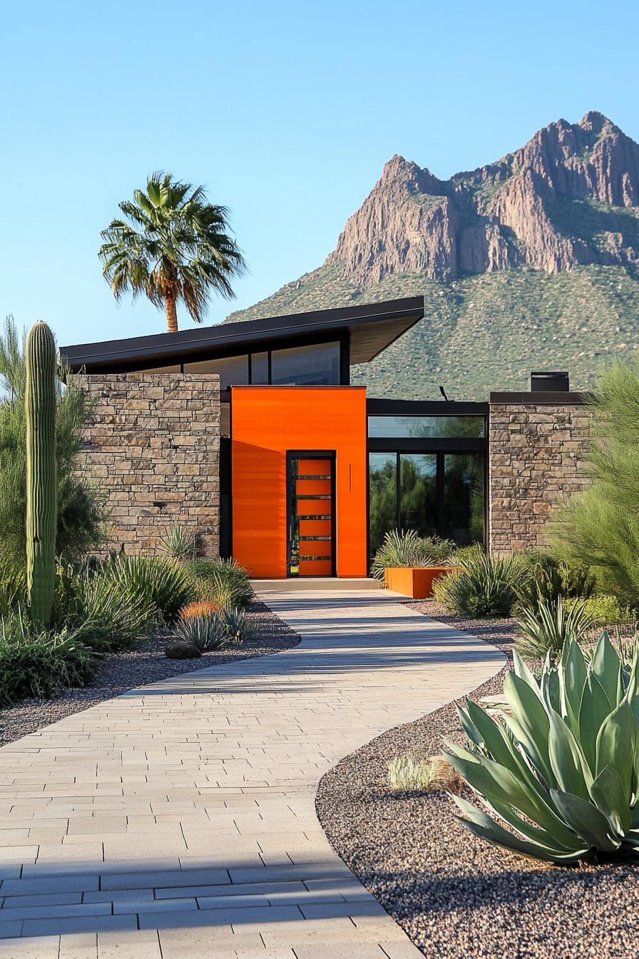 Mid-century house with an orange accent surrounded by desert foliage