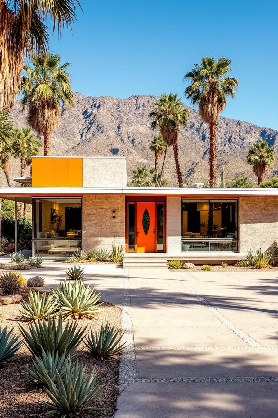 Mid-century modern house in a desert setting with palm trees