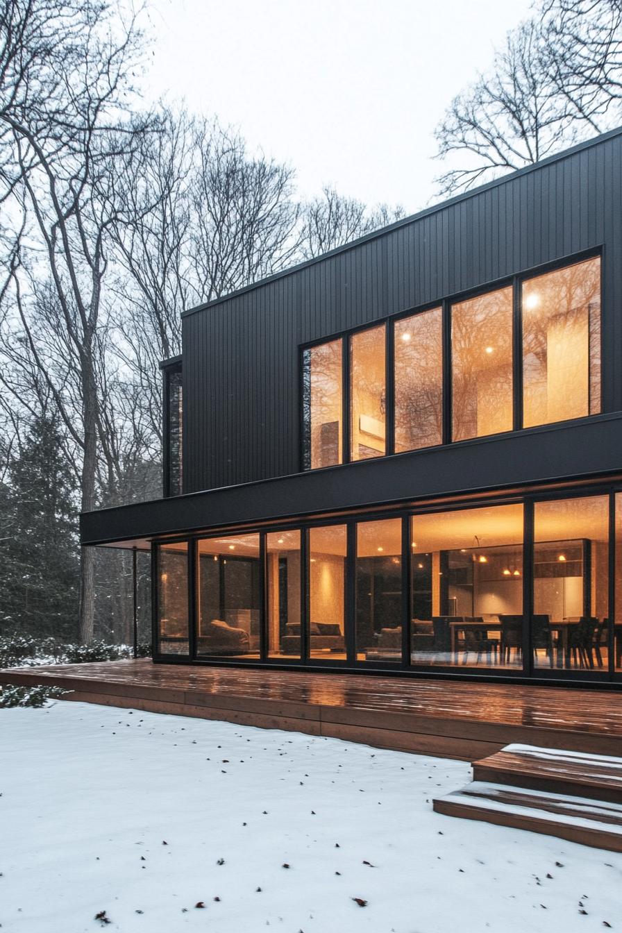 Modern house with large windows and a snowy exterior