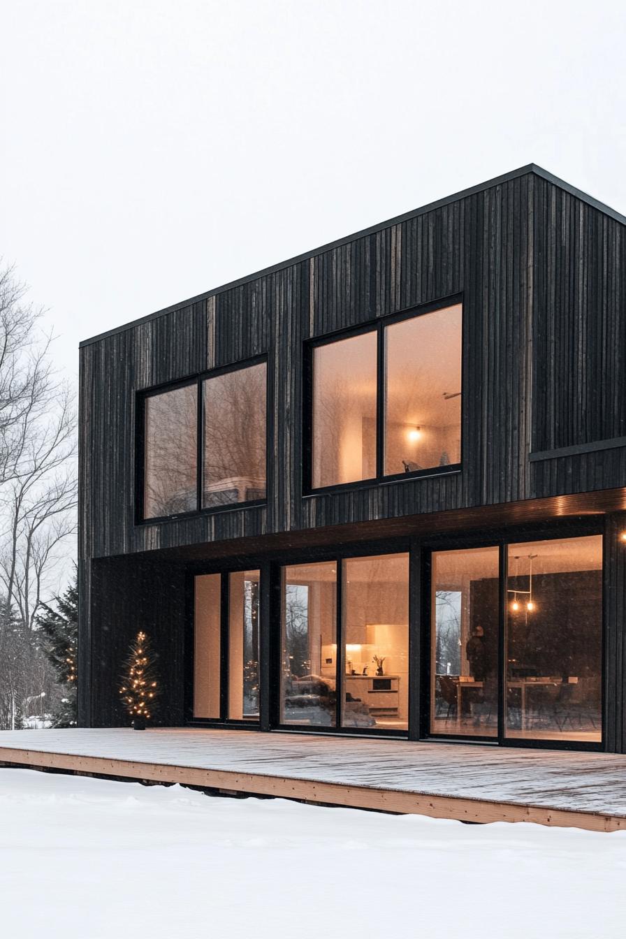 Minimalist wooden house in a snowy landscape with large windows