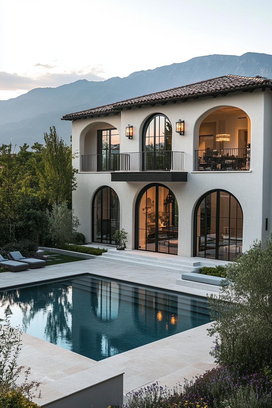 Modern Italian villa with arched windows and a serene pool