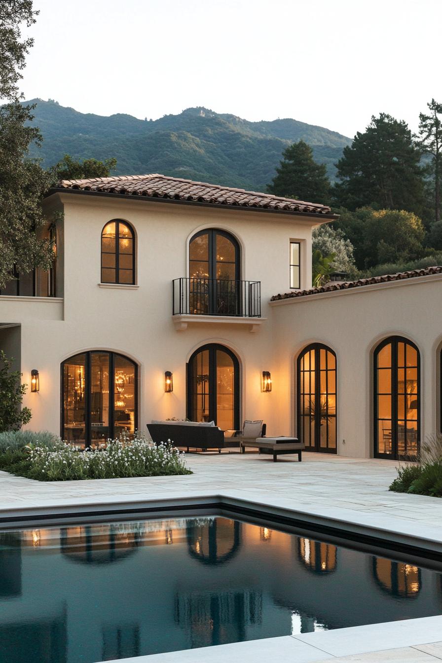 Elegant villa with a serene pool and mountain backdrop