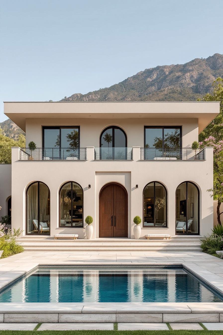 Modern villa with pool in front, nestled in a hilly backdrop