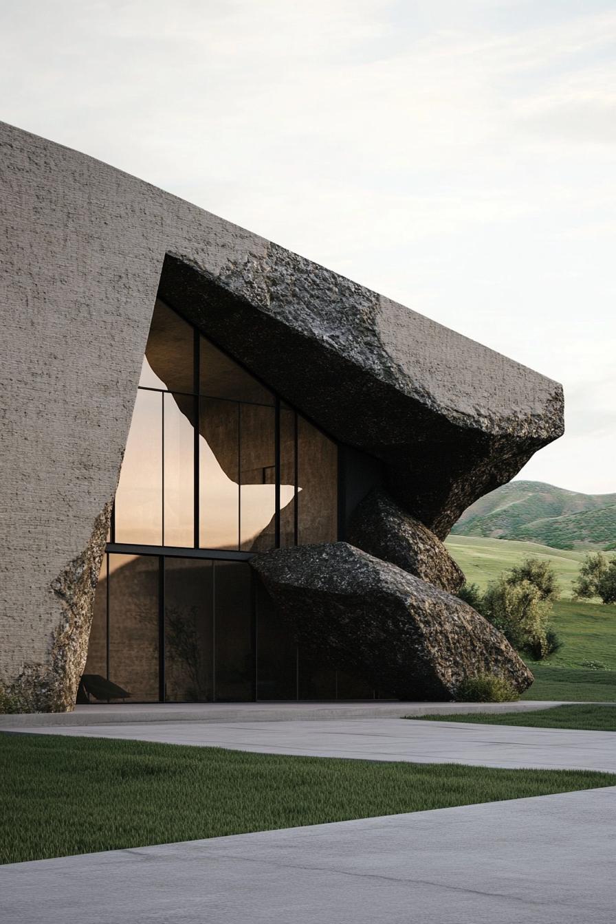 Unique architectural house with rugged stone facade and large glass windows