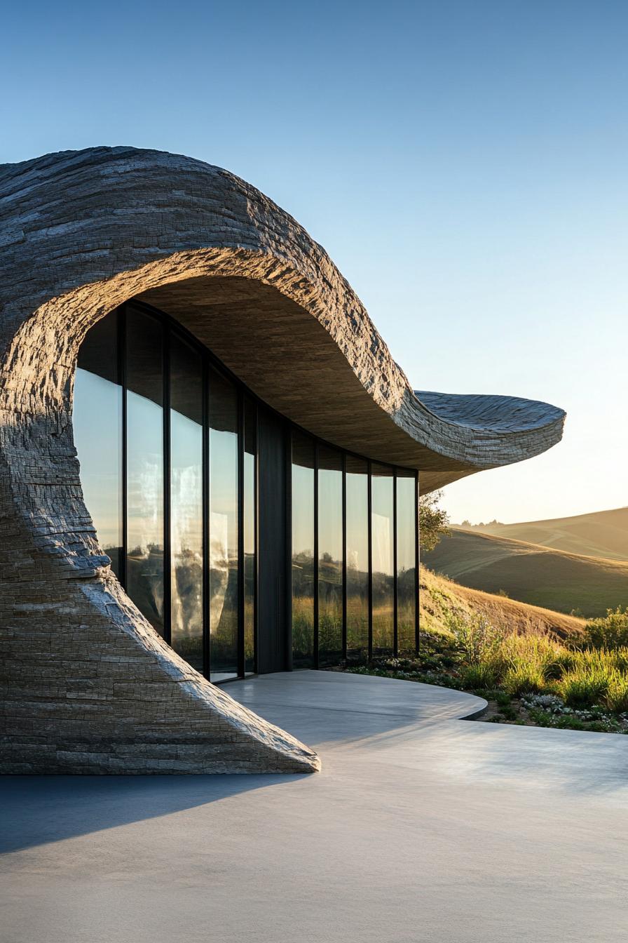 Modern house with a curvy stone roof and large windows