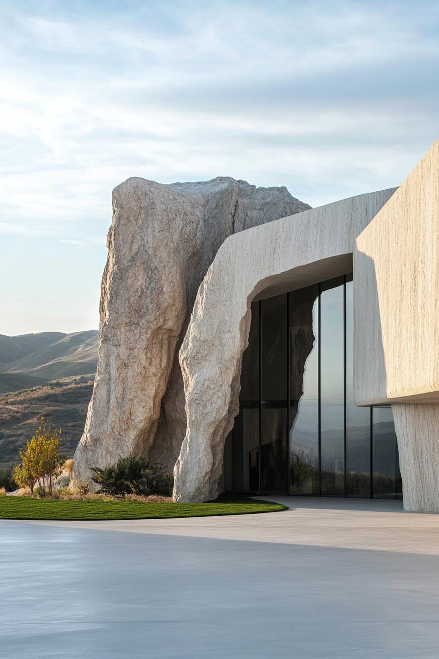 Modern house blending into rocky landscape with glass features