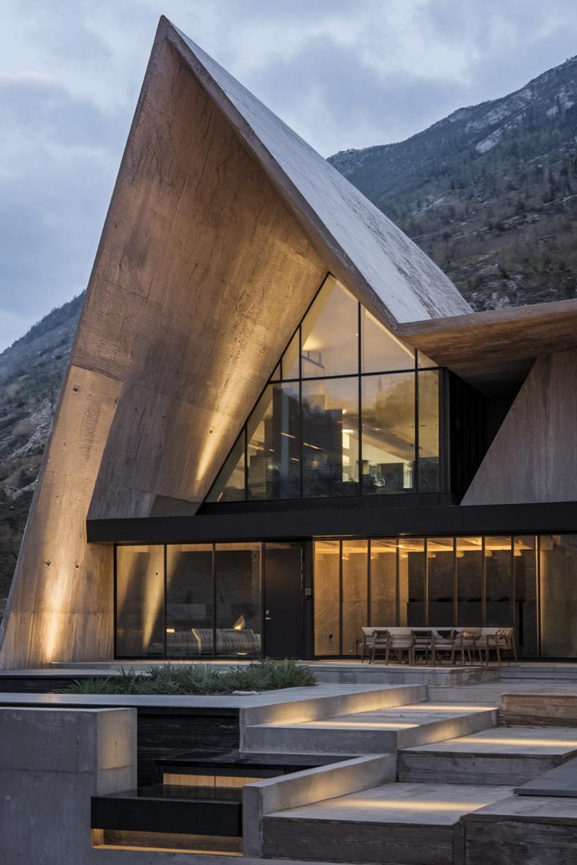 Modern angular house with large glass windows nestled in mountainous terrain