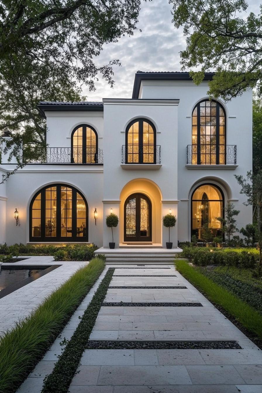 Modern classic villa with large arched windows and a manicured pathway