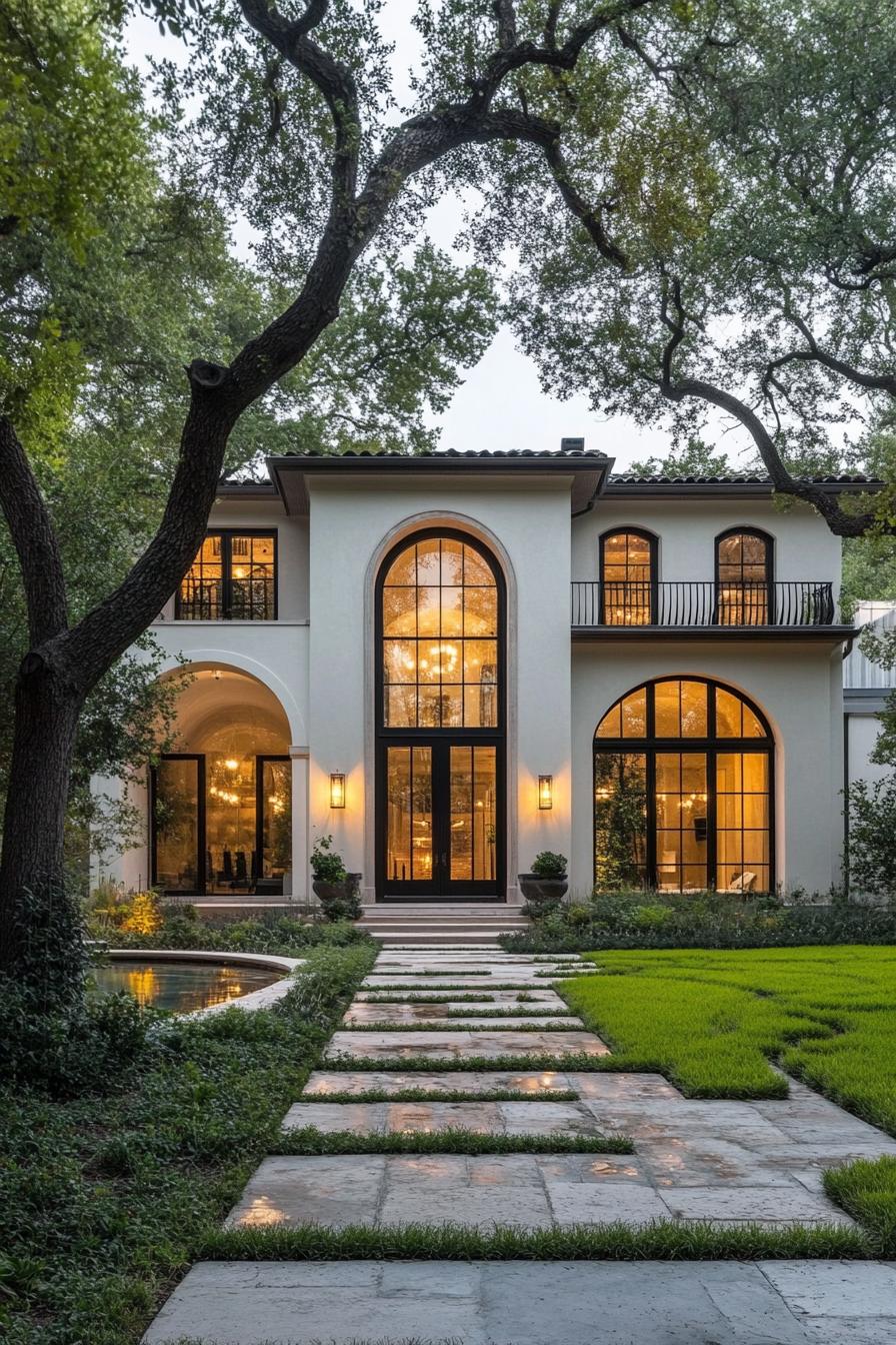 A modern villa with large arched windows and an elegant entrance