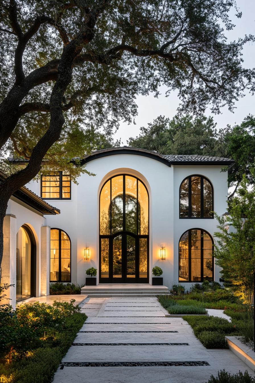 A modern villa with elegant archways and lush greenery