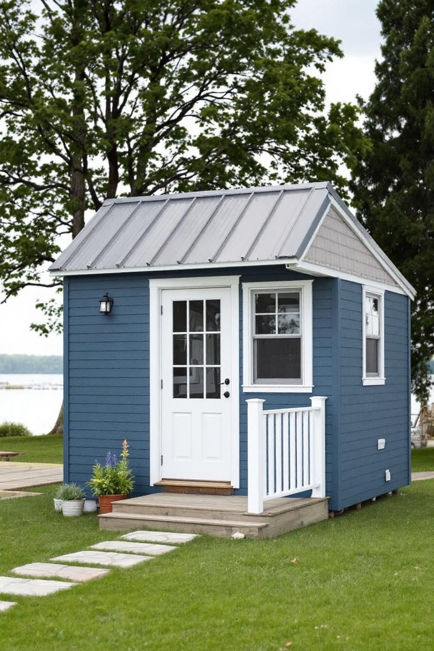 Cozy blue cottage with white accents and lush greenery