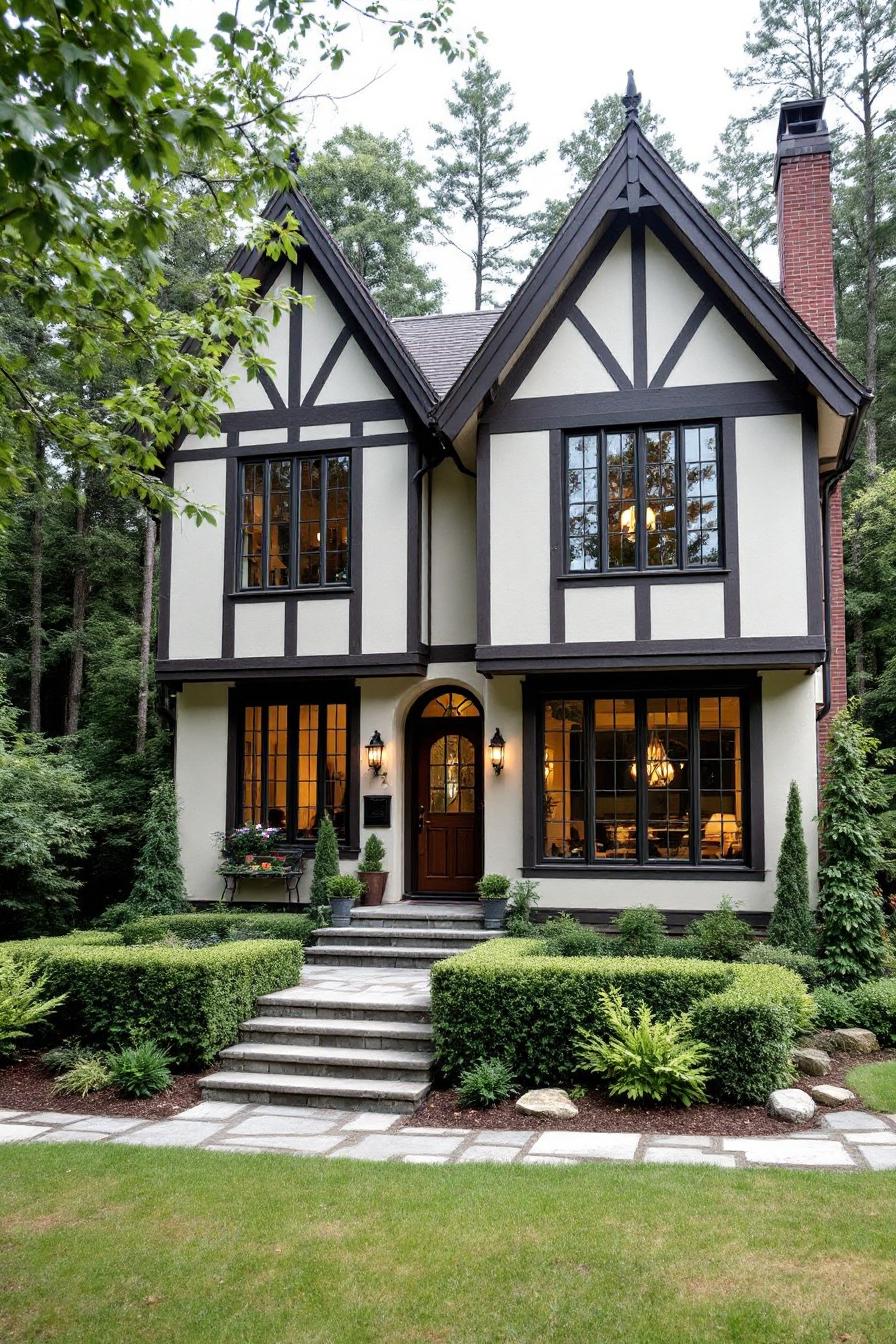 Two-story Tudor cottage with half-timbering, steep roof, and lush garden