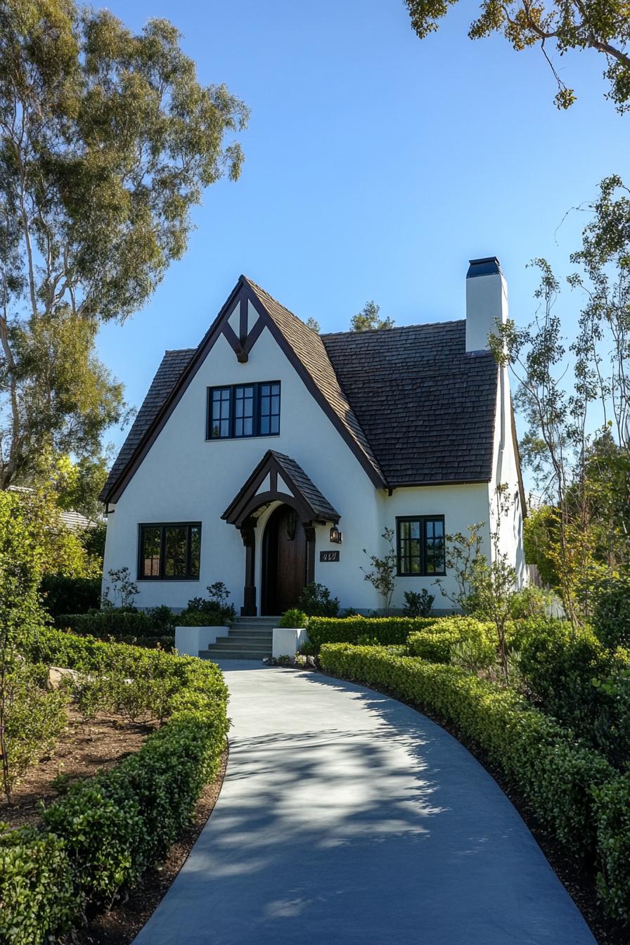 Charming Tudor-style house with a curved path and lush greenery