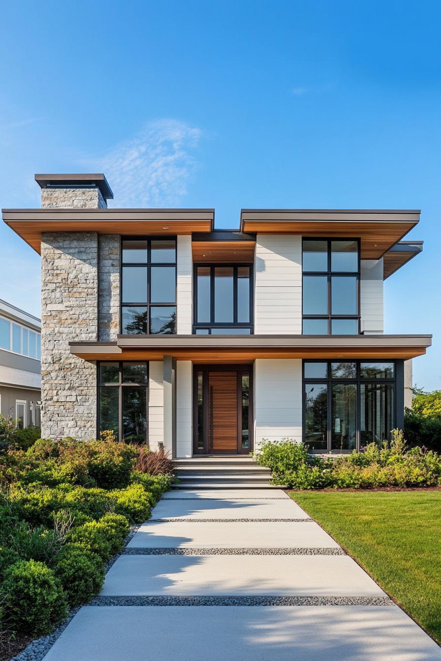 Contemporary coastal house with large windows and stone details