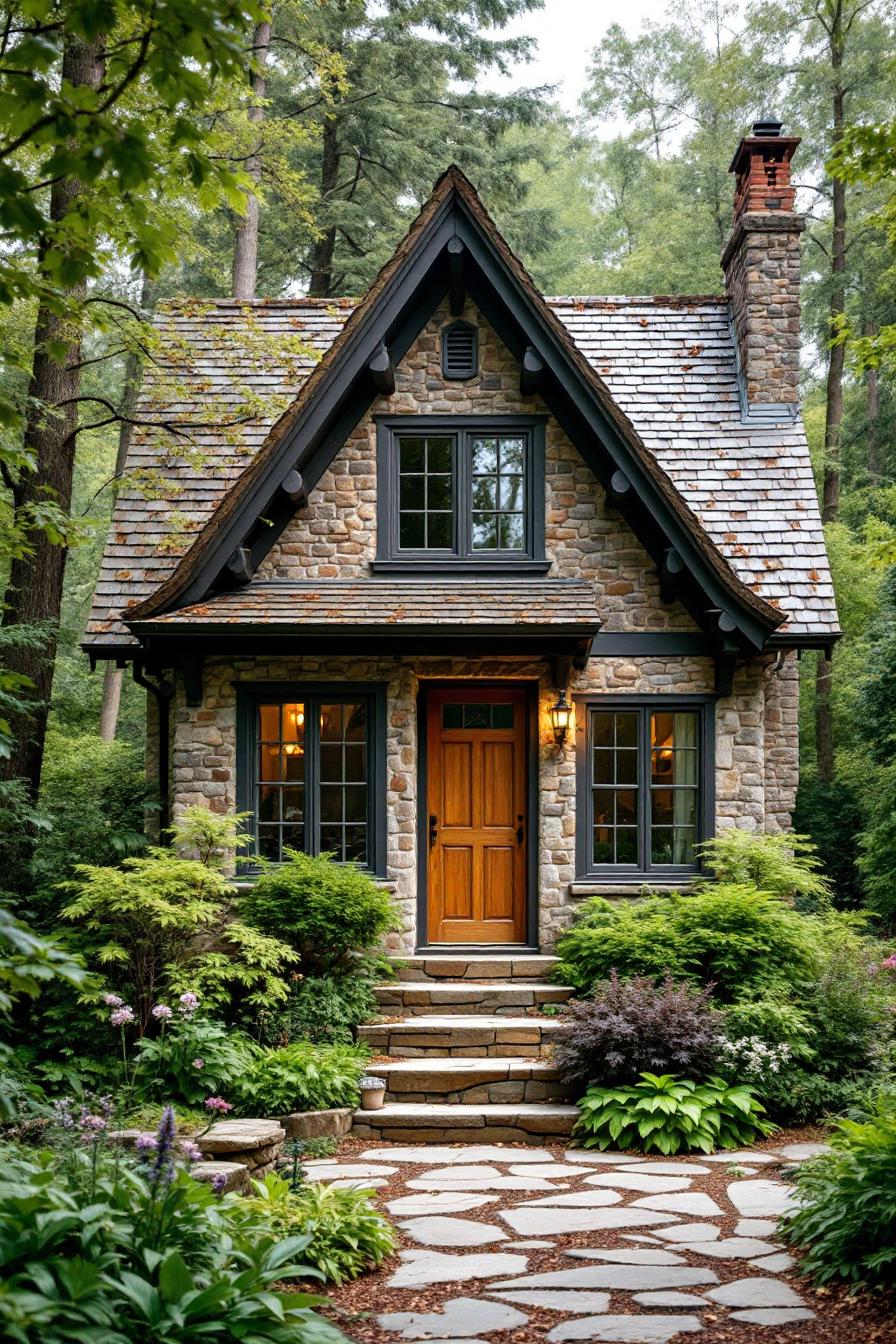 Cozy stone cottage surrounded by lush greenery