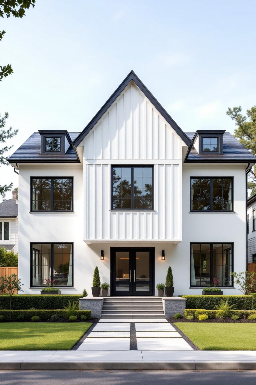 Elegant white house with large windows and a sleek black roof