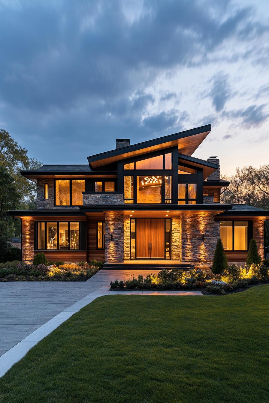 Modern house with stone accents at dusk