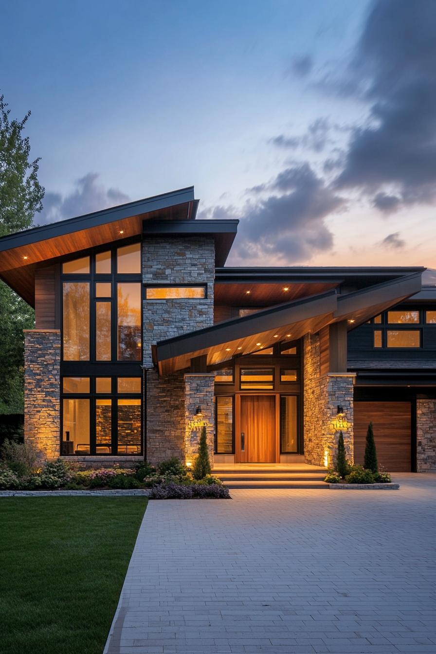 Contemporary home with angled roofs and stone facade at dusk