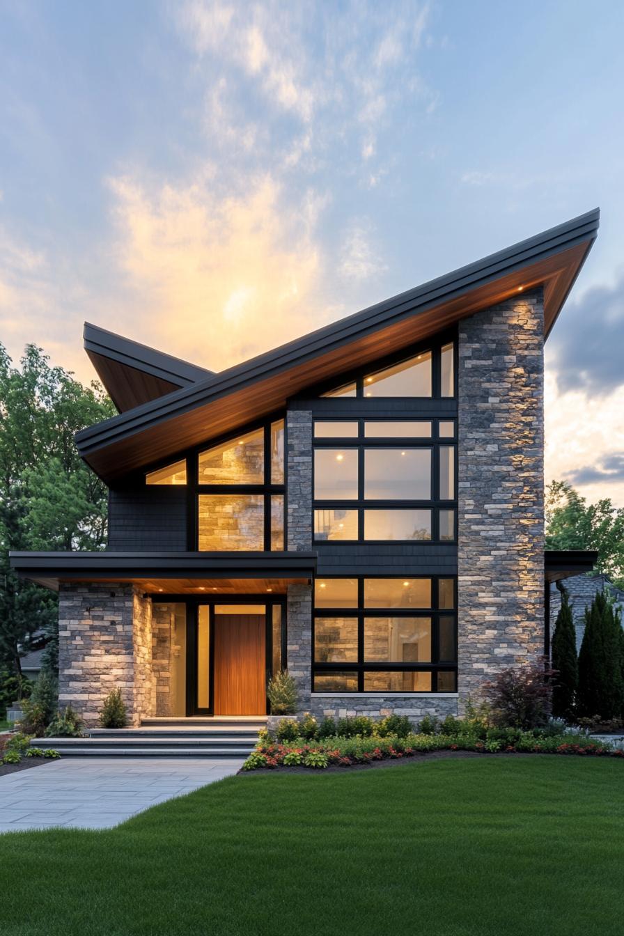 Modern house with angular roof and stone facade