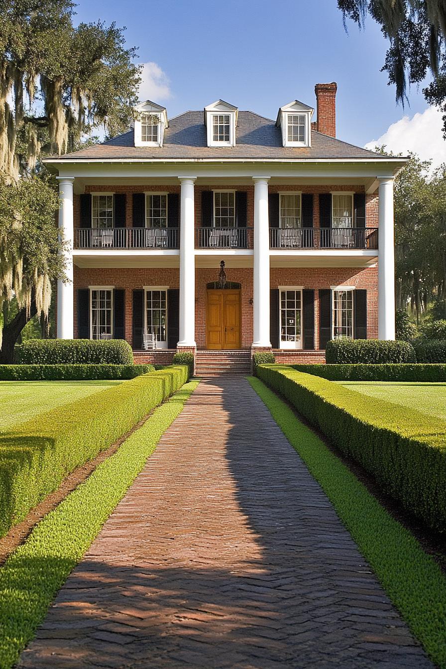 Brick path leading to a grand Southern-style home with white columns and lush greenery