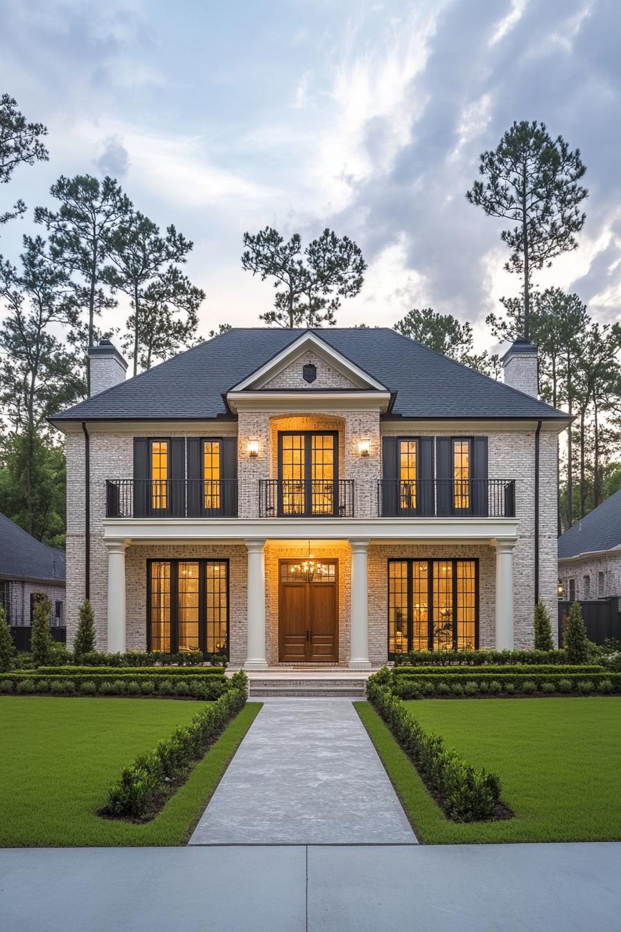 Stately Southern home with grand entrance and lush greenery