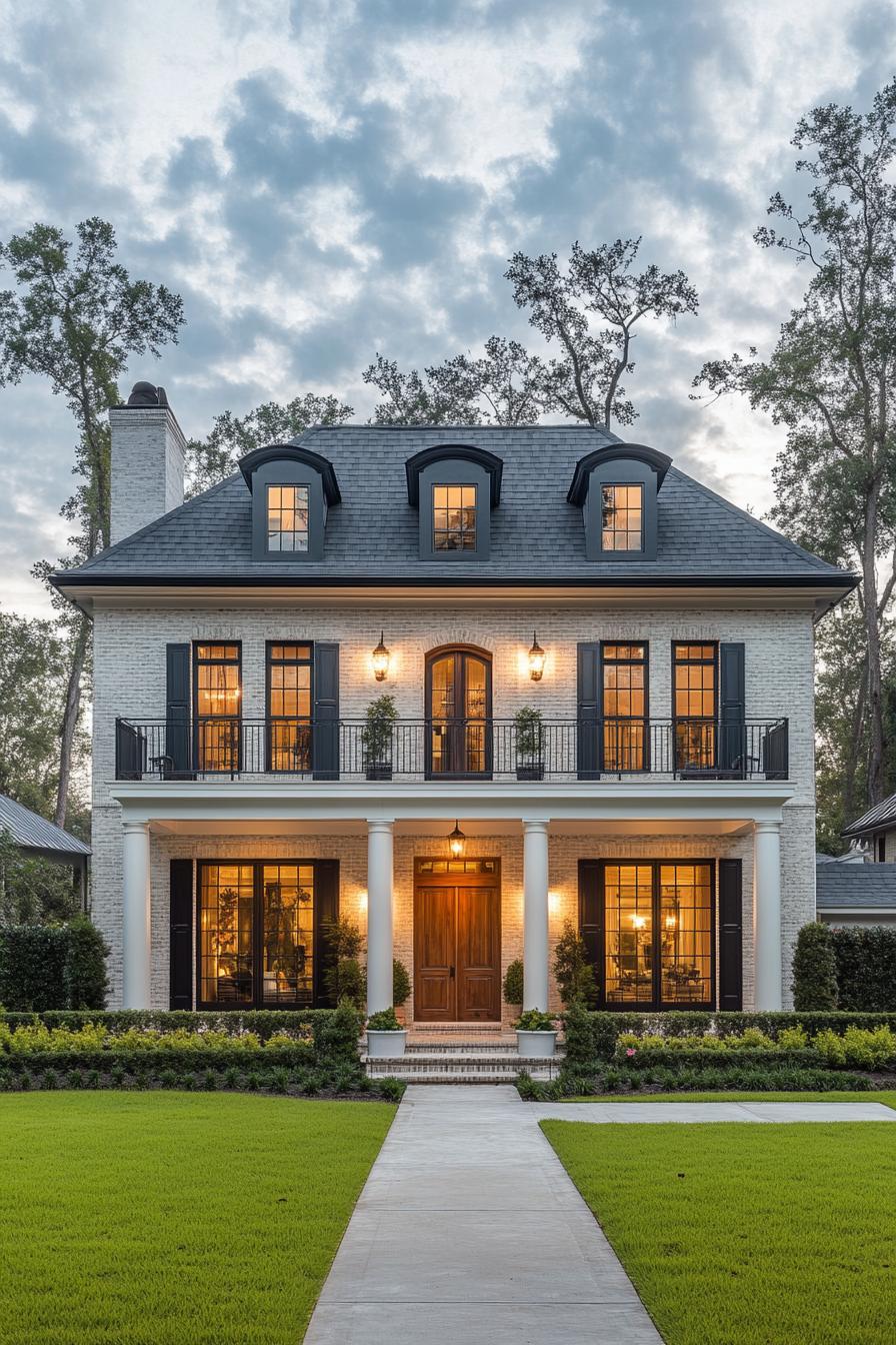 Two-story Southern house with brick facade and black shutters