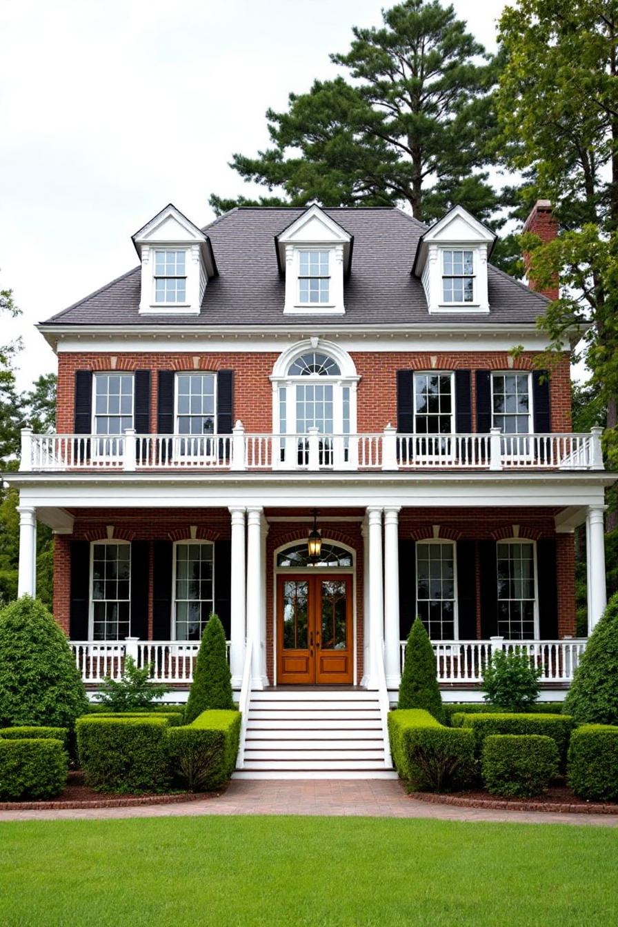 Red brick Southern home with white pillars and black shutters