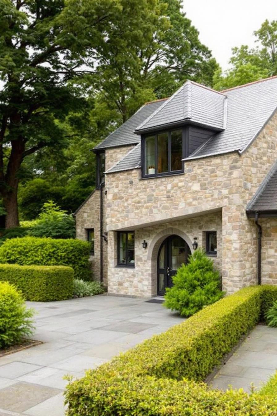 Inviting stone cottage with lush greenery