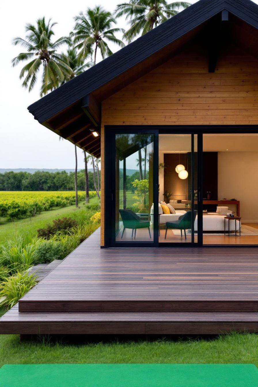 Wooden cottage with glass doors and garden view