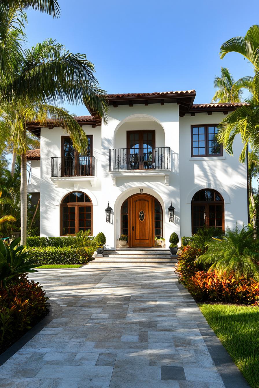 Elegant white villa surrounded by lush tropical greenery