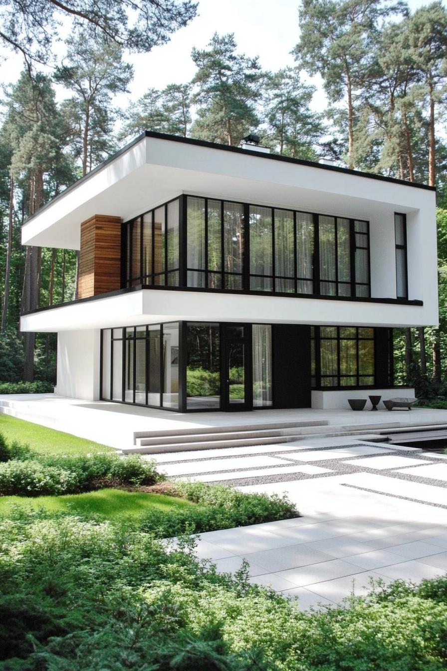 Sleek white house with black accents in nature