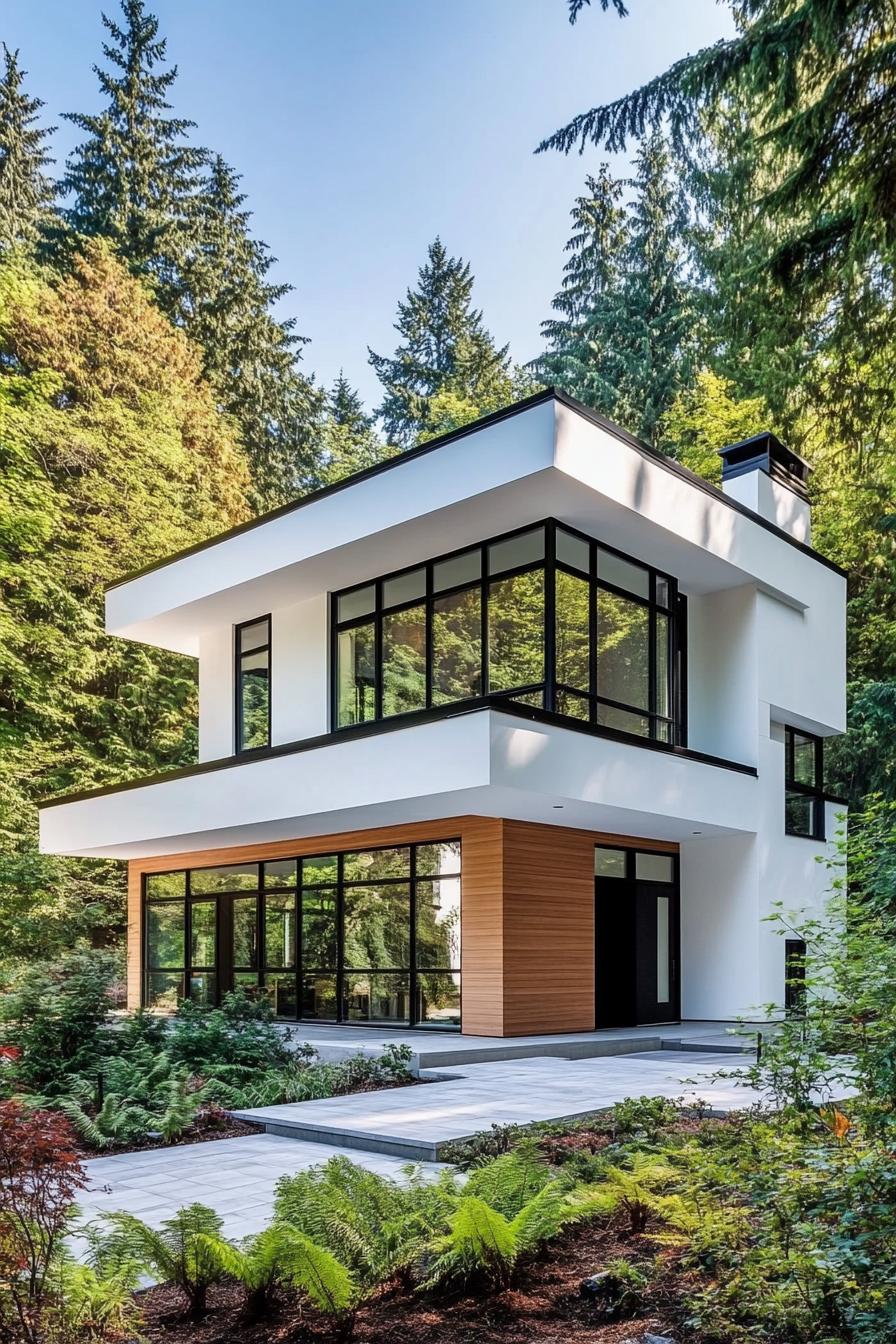 Modern house with black trim in lush greenery