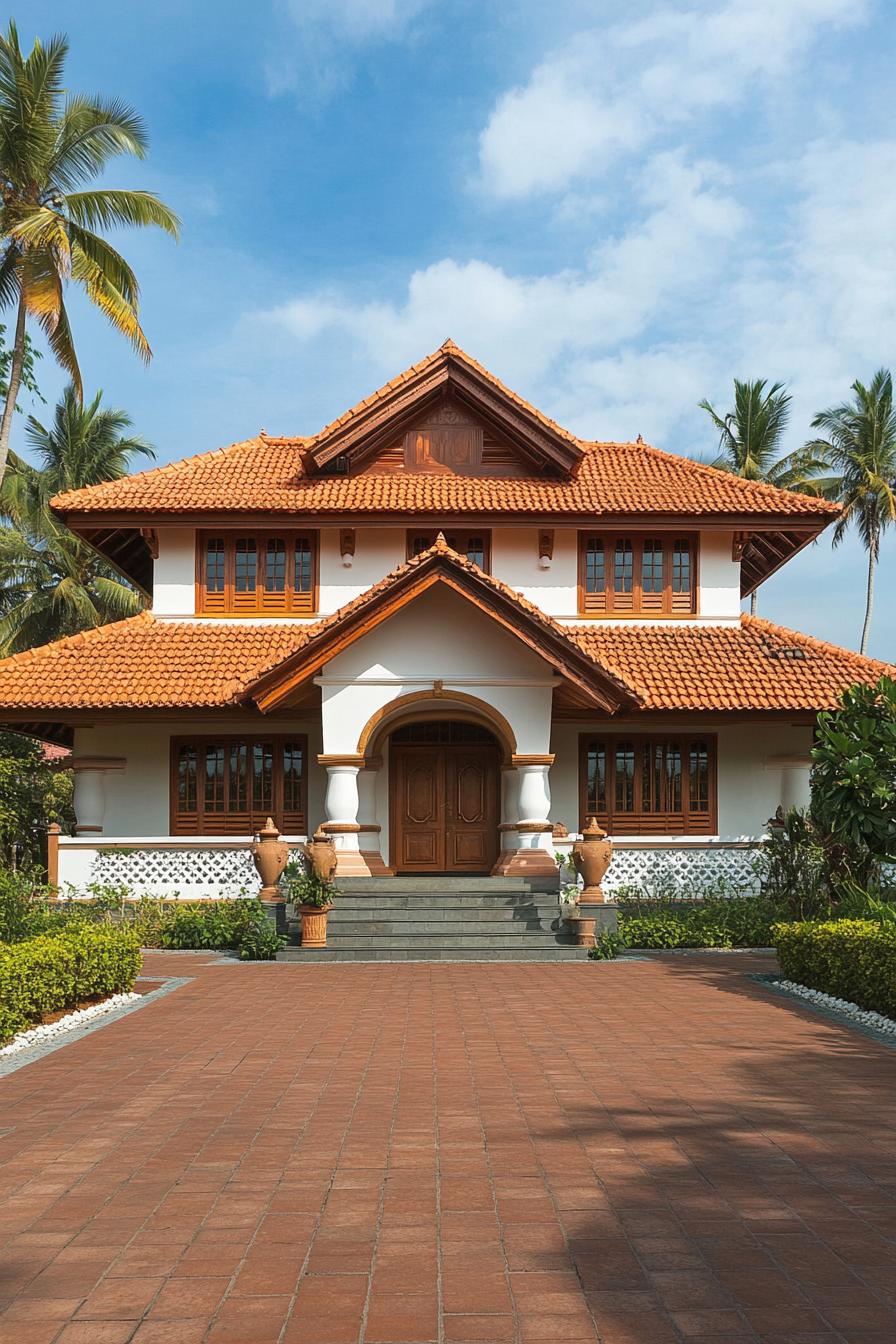 A Kerala house with a terracotta roof and lush surroundings