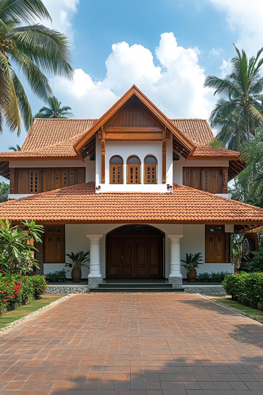 Traditional Kerala house with sloping roofs and wooden accents