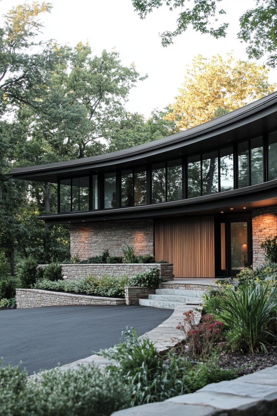 Modern house with rounded roof and stone facade