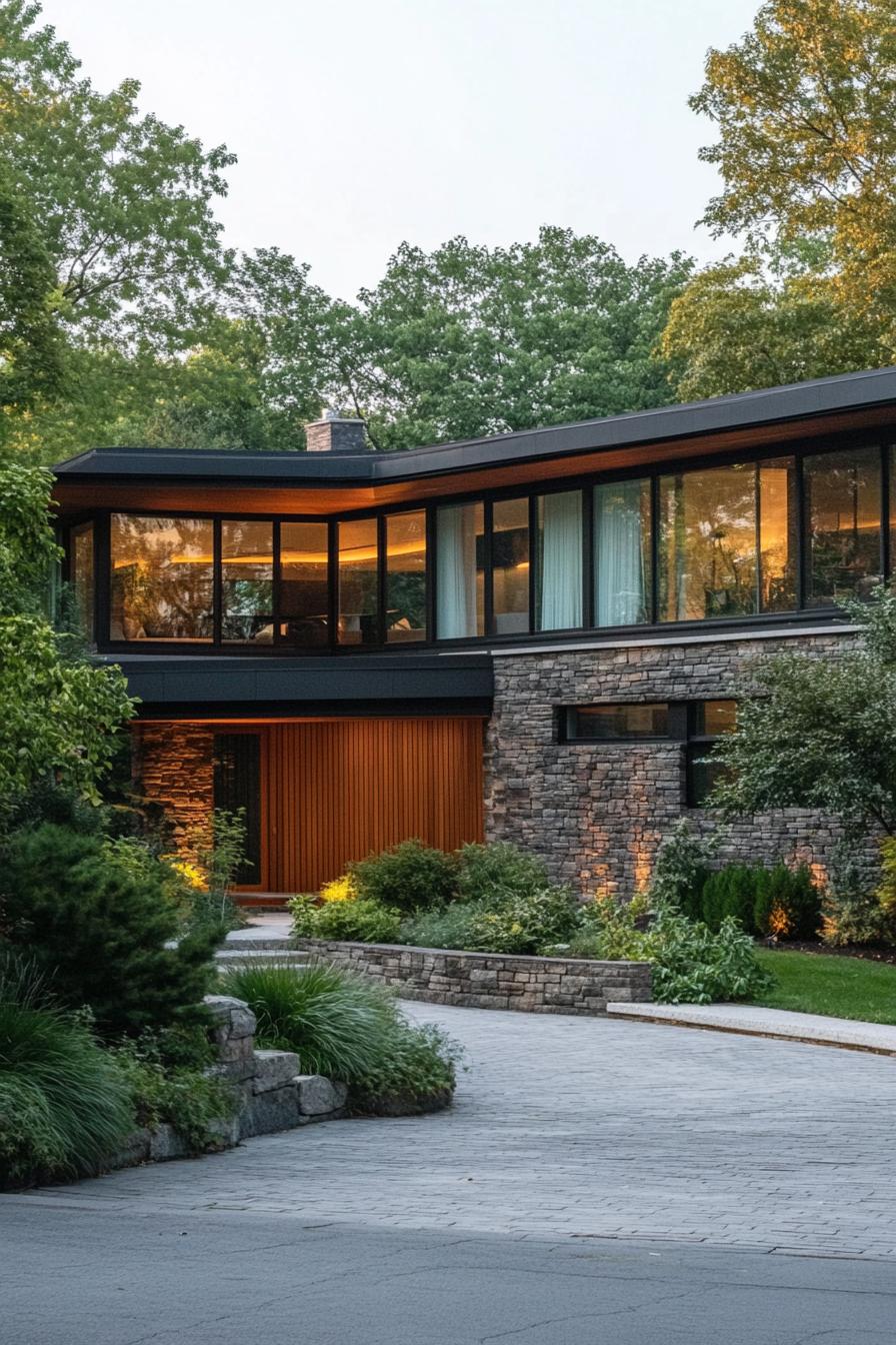 Modern house with large glass windows, stone facade, and lush greenery