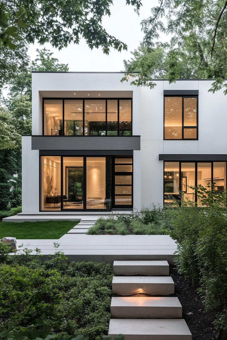 Contemporary two-story house with large glass windows surrounded by greenery