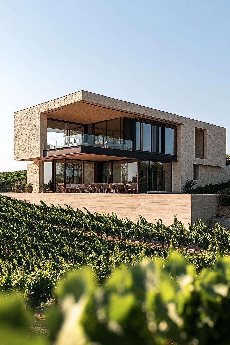 Modern villa surrounded by vineyards at sunset