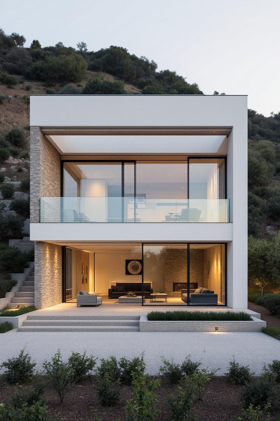 Modern villa with glass facade and stone accents