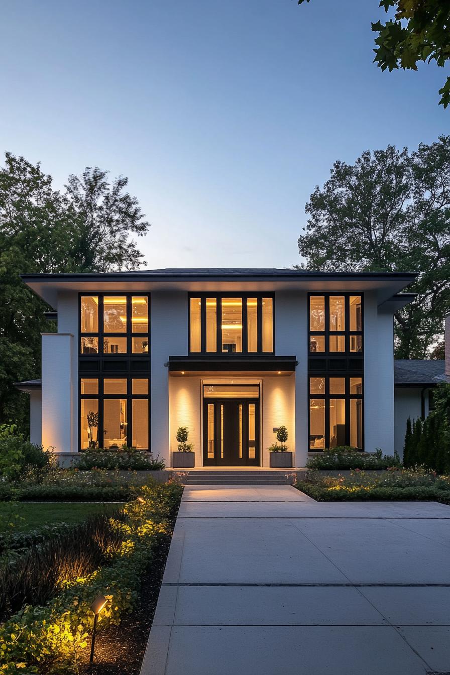 A modern villa with large windows and illuminated interiors at dusk